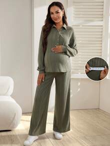 SHEIN 2pcs Maternity Solid Color Casual Long Sleeve Shirt And Pants Set