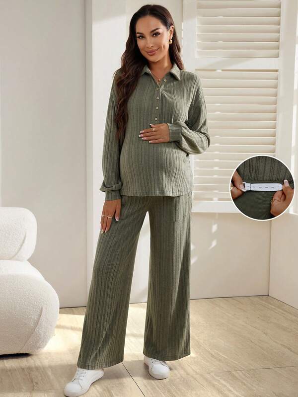 SHEIN 2pcs Maternity Solid Color Casual Long Sleeve Shirt And Pants Set