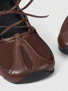 ROMWE Grunge Punk Giày ba lê đế mềm buộc dây màu đen dành cho nữ, giày Oxford Mary Jane, giày đồng phục JK, giày đế xuồng và giày cao gót đế dày - màu nâu - Xem 5