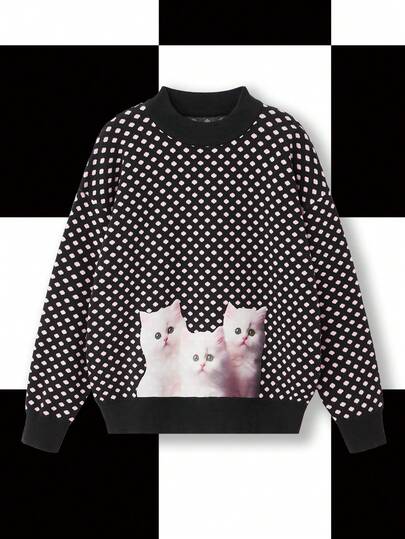 Y2Kool Maria Clara Maia Suéter holgado de punto con contraste de lunares negros y rosas, estilo Y2K para gato, adecuado para fiestas, reuniones y uso diario en otoño/invierno