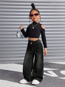SHEIN Young Girl Y2K Vintage Blue Denim Thermal Lined Asymmetrical Waist Loose Pants, Autumn/Winter,Cool/Thanksgiving - Black - View 4