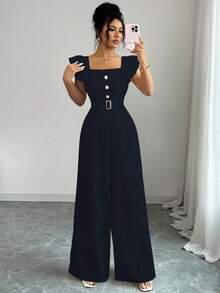 Elenzga 全新女式方领荷叶边仿门襟腰带装饰纽扣连体裤，优雅日常通勤修身高腰连体裤 - 寶藍色 - 查看 8