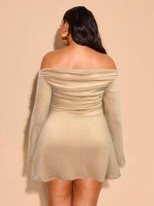 SHEIN Tall CURVE 大码女式优雅闪光露肩褶饰 A 字喇叭袖连衣裙，性感迷你派对礼服，适合毕业、婚礼、晚会、夜间外出、毕业礼服 - 杏色 - 查看 2