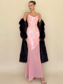 Rafferiza Damen Blumen Pailletten Meerjungfrau Saum Elegantes Kleid - Pink - Übersicht 7