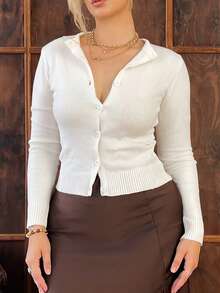 Arliah Pull élégant et minimaliste pour femmes, col rond, boutons devant, manches longues, couleur unie blanche. Convient pour Noël, tenues décontractées et professionnelles, automne/hiver. Cardigan scolaire - Beige - Voir 6