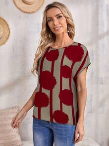 EMERY ROSE Women's Casual Textured Fabric Round Neck Short Sleeve Shirt - Burgundy - View 4