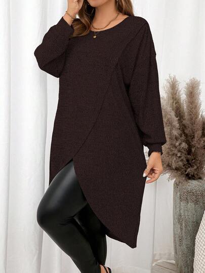 SHEIN Clasi Plus Size Women's Solid Color Round Neck Drop Shoulder Long Sleeve Ribbed Casual Top/Winter