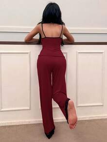 SHEIN Women's Sleepwear Set With Lace Trim Camisole And Pants - Burgundy - View 2