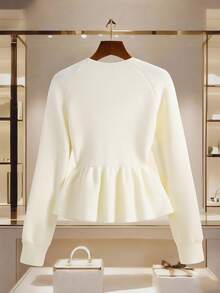 SHEIN Franclia Women's Solid Color Raglan Sleeve Single-Breasted Cardigan With Ruffle Hem, Autumn/Winter - Beige - View 2