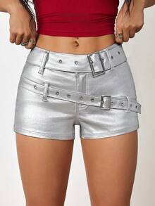 Jeanoix 女式低腰仿皮涂层短裤（配双腰带）