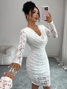 Modelyn 优雅派对垂坠领口荷叶边白色雪尼尔蕾丝迷你连衣裙，秋冬 - 白色 - 查看 7