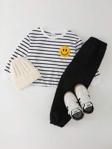 THE HAPPY LOOK 2pcs/Set Young Boy Cartoon Face Pattern Knit Soft Crew Neck Long Sleeve Pullover Pullover Sweatshirt & Elastic Waist Jogger Pants Set