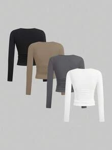 SHEIN EZwear 多色针织女式休闲长袖修身T恤中性色上衣多件装长袖上衣紧身衣女式长袖上衣女式长袖上衣，秋季女装长袖上衣 - 彩色 - 查看 2