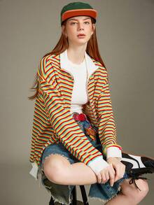 Elnivra Y2K Stylish Multicolor Striped Cardigan Women,Loose Slouchy Small Stand Collar Knit Sweater Jacket,Golden Yellow,Autumn,Streetwear,Everyday,Vintage - Multicolor - View 5