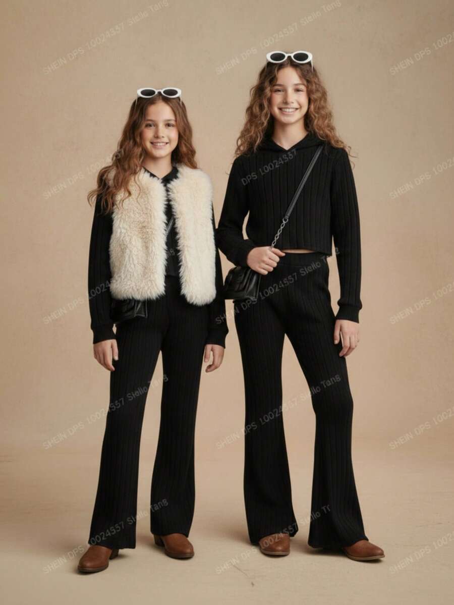 Tween Girls' Solid Color Ribbed Hoodie And Flare Pants Set