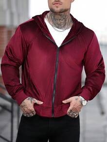 Manfinity Homme 男士纯色长袖拉链休闲连帽卫衣，秋季红色拉链连帽衫，冬季款 - 紅色 - 查看 1