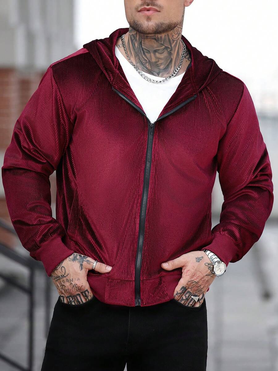 Manfinity Homme 男士纯色长袖拉链休闲连帽卫衣,秋季红色拉链连帽衫,冬季款 - 紅色 - 查看 1