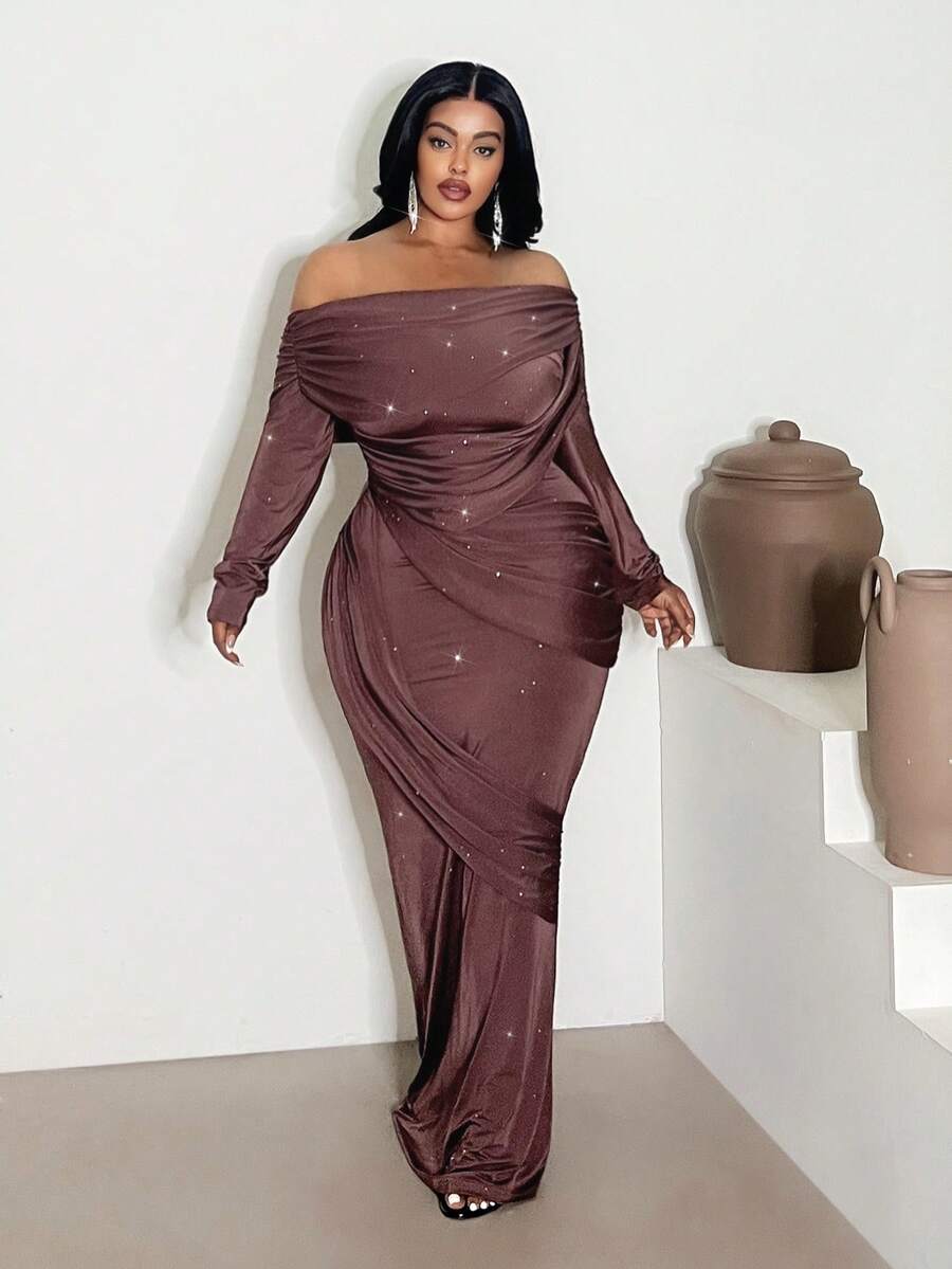 Maweii Plus Size Elegant Fitted Oblique Shoulder Long Sleeve Versatile Dress - Coffee Brown - View 1