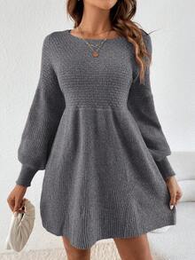 SHEIN Frenchy Vestido de suéter con mangas de farol para otoño/invierno - Gris Oscuro - Ver 4