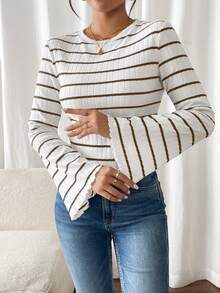 SHEIN Frenchy Women's Casual Ribbed Flare Sleeve Ribbed T-Shirt, Autumn Winter Brown Spring - Brown - View 3