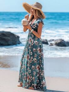 Sylviya Casual Women's Shirred Ruffled Small Cap Sleeves Waist Ruffle Trim Large A-Line Long Dress Positioning Print Casual Holiday Women's Dress Summer Dresses For Women Floral Dress Women Vacation Dress Ruffle Dress Boho Dress Women Tropical Dress