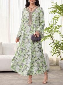 Al Najma 女士花卉印花钩编拼接长袖连衣裙，优雅端庄的A字型卡夫坦长袍，适合晚宴/婚礼宾客/周年纪念/日常穿着 - 彩色 - 查看 5