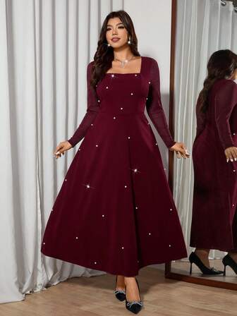 Modelyn Plus Size Stickad Vinröd Långärmad Metallisk Mesh Bubble Klänning, Elegant