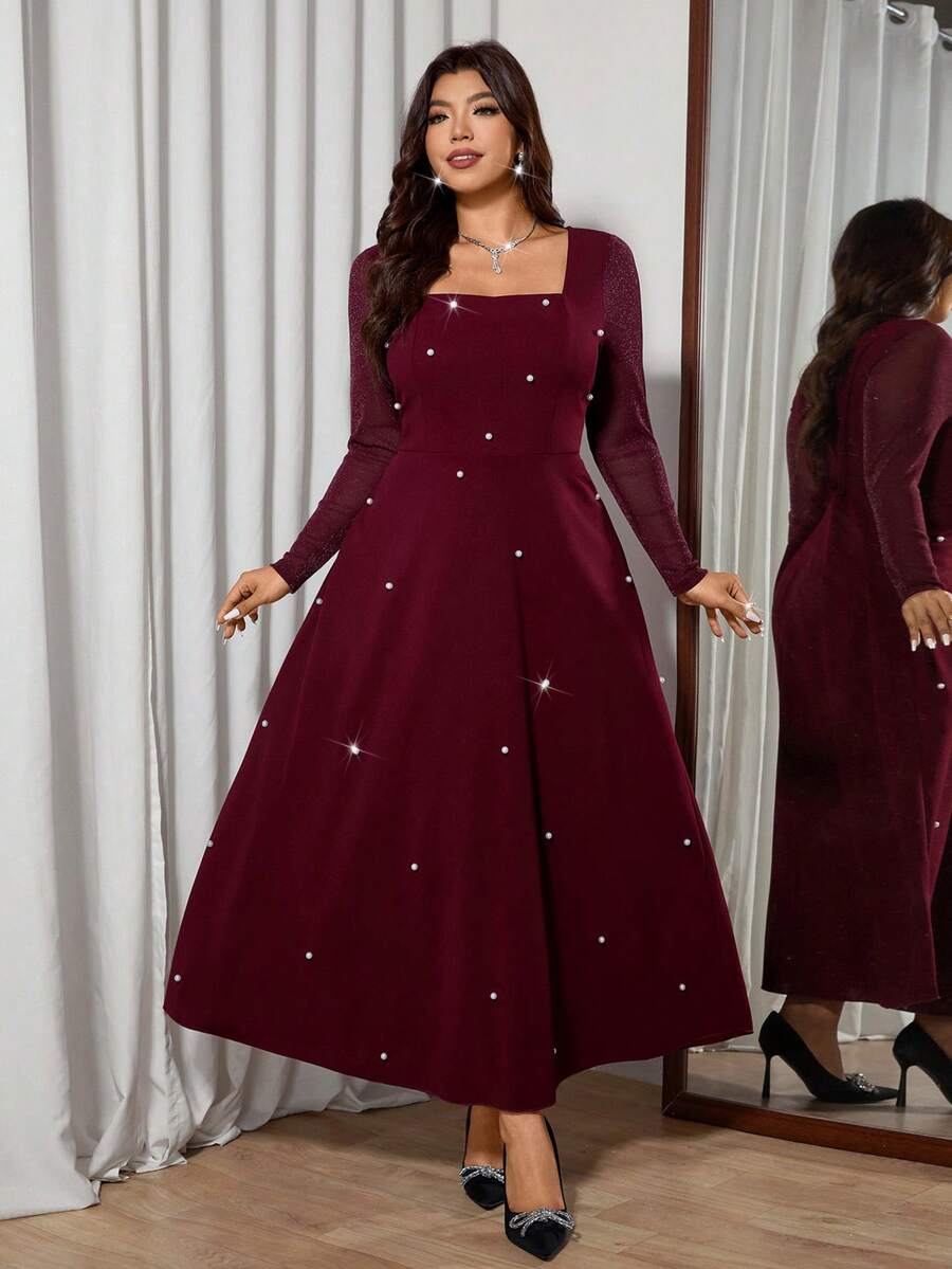 Modelyn Váy lưới kim loại dài tay màu đỏ rượu vang cỡ lớn, thanh lịch - Đỏ - Xem 1