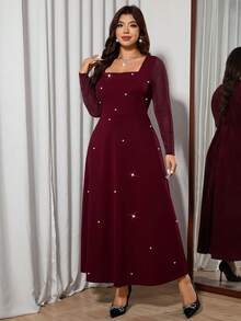 Modelyn Váy lưới kim loại dài tay màu đỏ rượu vang cỡ lớn, thanh lịch - Đỏ - Xem 5