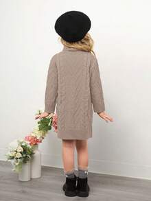 SHEIN 年轻女孩插肩袖麻花针织中长毛衣裙，可爱复古，非常适合秋冬季休闲日常穿着和上学日常，温暖舒适的长袖，非常适合秋冬季休闲日常穿着和上学日常 - 卡其色 - 查看 5