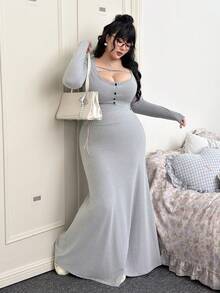 SHEIN EZwear 大尺碼女款優雅交叉領圓領長袖修身T恤與魚尾下擺裙 2件套，春/秋季 - 灰色 - 查看 5