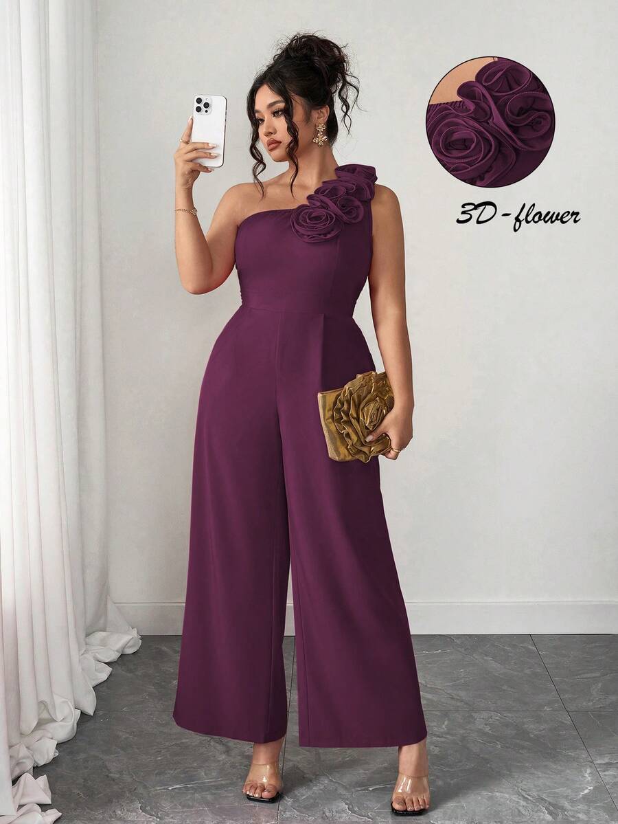 Elenzga Plus Size Summer Fashionable French Retro Romantic Asymmetric Shoulder 3D Floral Jumpsuit - Purple - View 1