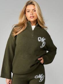 MISSGUIDED 秋冬季宽松四分之一拉链套头毛衣，饰有品牌标志，休闲舒适，适合圣诞节穿着。