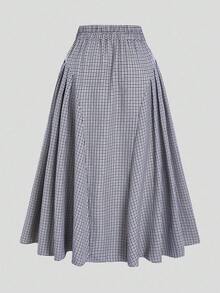 Sweetra 大码卡其色优雅格子 A 字裙 - 藏蓝色 - 查看 2