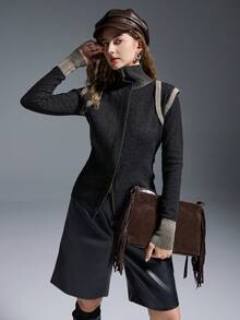 MYSTAURA Vintage Fitted Knit Sweater Top, Women's Slim Fit Cardigan Jacket - Black - View 1