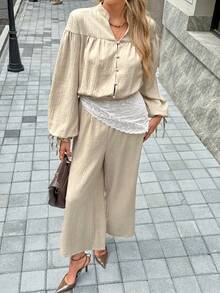 SHEIN Frenchy Autumn Fall Clothes For Women 2025 New Elegant Women's Elegant Commuter Solid Color Lantern Sleeve Jumpsuit,Office Commute Work Streetwear, Suitable For Party Wedding Graduation, Classic Chic Old Money Style Outfit Winter,All-Season,Thanksgiving Outfit For Women,New Year  Jumpsuit ,Casual Jumpsuit  ,Autumn Jumpsuit, Jumpsuit   Suitable For Party, Halloween, Christmas, Holiday Events Boho Jumpsuit ,Holiday Outfits For Women - Apricot - View 6