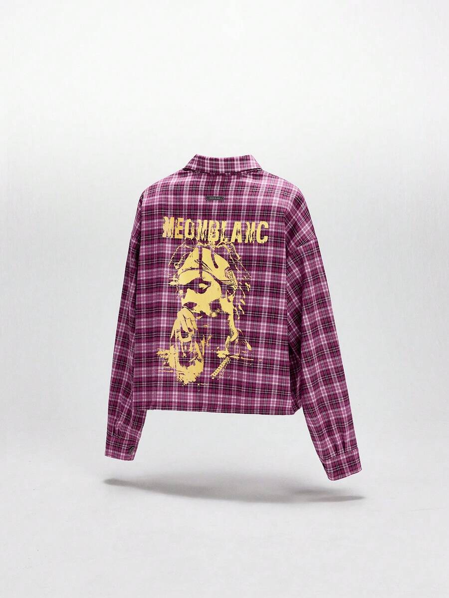 NEON BLANC Men's Letter & Figure Print Plaid Long Sleeve Single-Breasted Casual Shirt - Pink - View 1