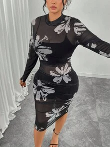 Elenzga Plus Size Women's Floral Print Stand Collar Dress For New Year Clothes - Black - View 1