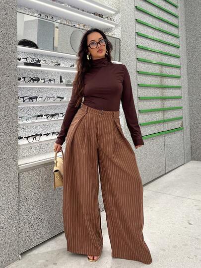 NegzBox Pantalones casuales y de calle vintage de verano y otoño para mujer, con dobladillo curvo marrón oversize, pantalones cargo a rayas para salir