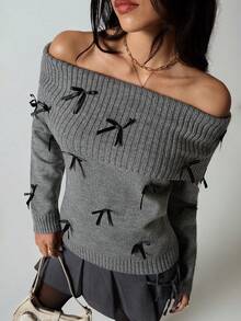 SHEIN TRNDY 1pc Women's Gray Sweater, Casual Bowknot Off Shoulder Ribbed Knit Pullover, Autumn/Winter - Dark Grey - View 4