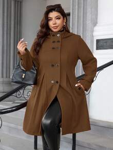 Ellevyn 大码纯色双排扣连帽长袖束腰大衣 - 咖啡棕 - 查看 8