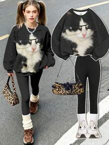Teen Girl Y2K Personalized Street Style Cute Cat Print, Retro Sweet Mori Girl Vibe, Fashionable Slouchy College Style, Cozy Season, Internet Sensation, City Walk, Street Atmosphere, Casual Crew Neck Comfortable Long Sleeve Sweatshirt And Leggings 2-Piece Set, Suitable For Autumn/Winter - Multicolor - View 1