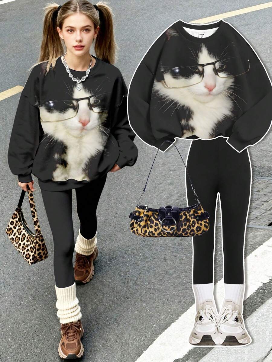 Teen Girl Y2K Personalized Street Style Cute Cat Print, Retro Sweet Mori Girl Vibe, Fashionable Slouchy College Style, Cozy Season, Internet Sensation, City Walk, Street Atmosphere, Casual Crew Neck Comfortable Long Sleeve Sweatshirt And Leggings 2-Piece Set, Suitable For Autumn/Winter - Multicolor - View 1