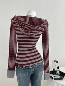 Elamini Women's Retro Black & Gray Striped Hooded Long Sleeve T-Shirt - Multicolor - View 2