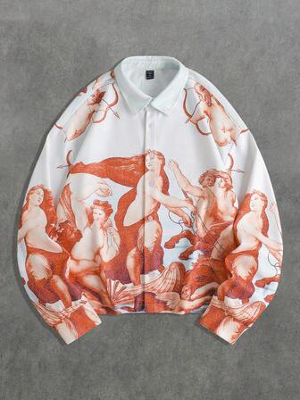 Street Life Camicia a maniche lunghe da uomo con stampa vintage, in tessuto waffle, vestibilità morbida e spalle cadenti, adatta per autunno/inverno