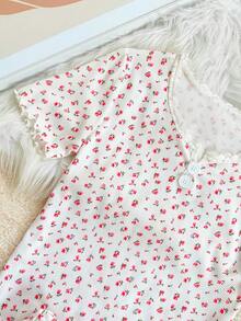 SHEIN 女童碎花蕾丝花边圆领短袖睡衣套装 - 白色 - 查看 5