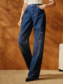 Anewsta Women's High Waist Pockets Rhinestone Straight Loose Casual Jeans - Dark Wash - View 5