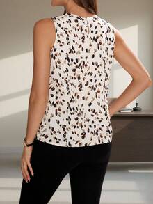 Editum 夏季优雅女式抽象随机印花荷叶边领无袖日常休闲优雅衬衫，适合各种场合，通勤衬衫 - 彩色 - 查看 2