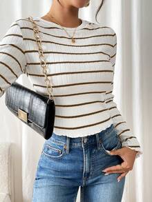 SHEIN Frenchy Women's Casual Ribbed Flare Sleeve Ribbed T-Shirt, Autumn Winter Brown Spring - Brown - View 4