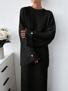 SHEIN Tall Tall Women Solid Color Chunky Sweater & Sweater Skirt Set - Black - View 3